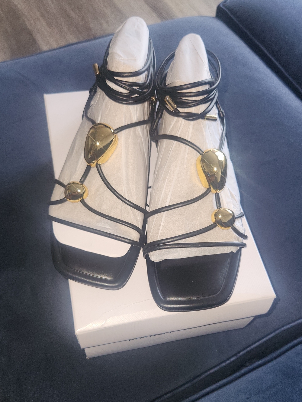 Marc Fisher Black Lace-Up Sandals with Gold Accents